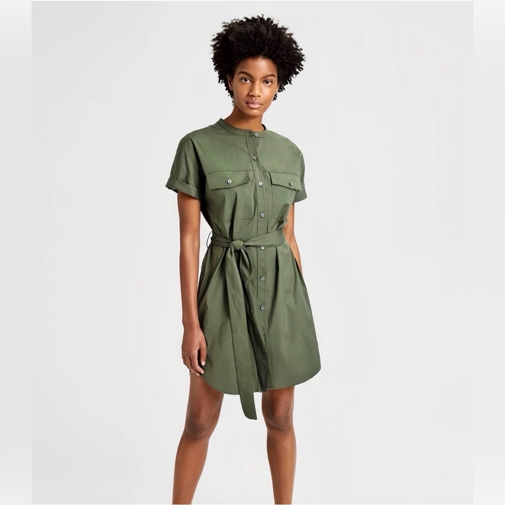 Theory Stretch Cotton Belted Cargo Dress in olive green, size P